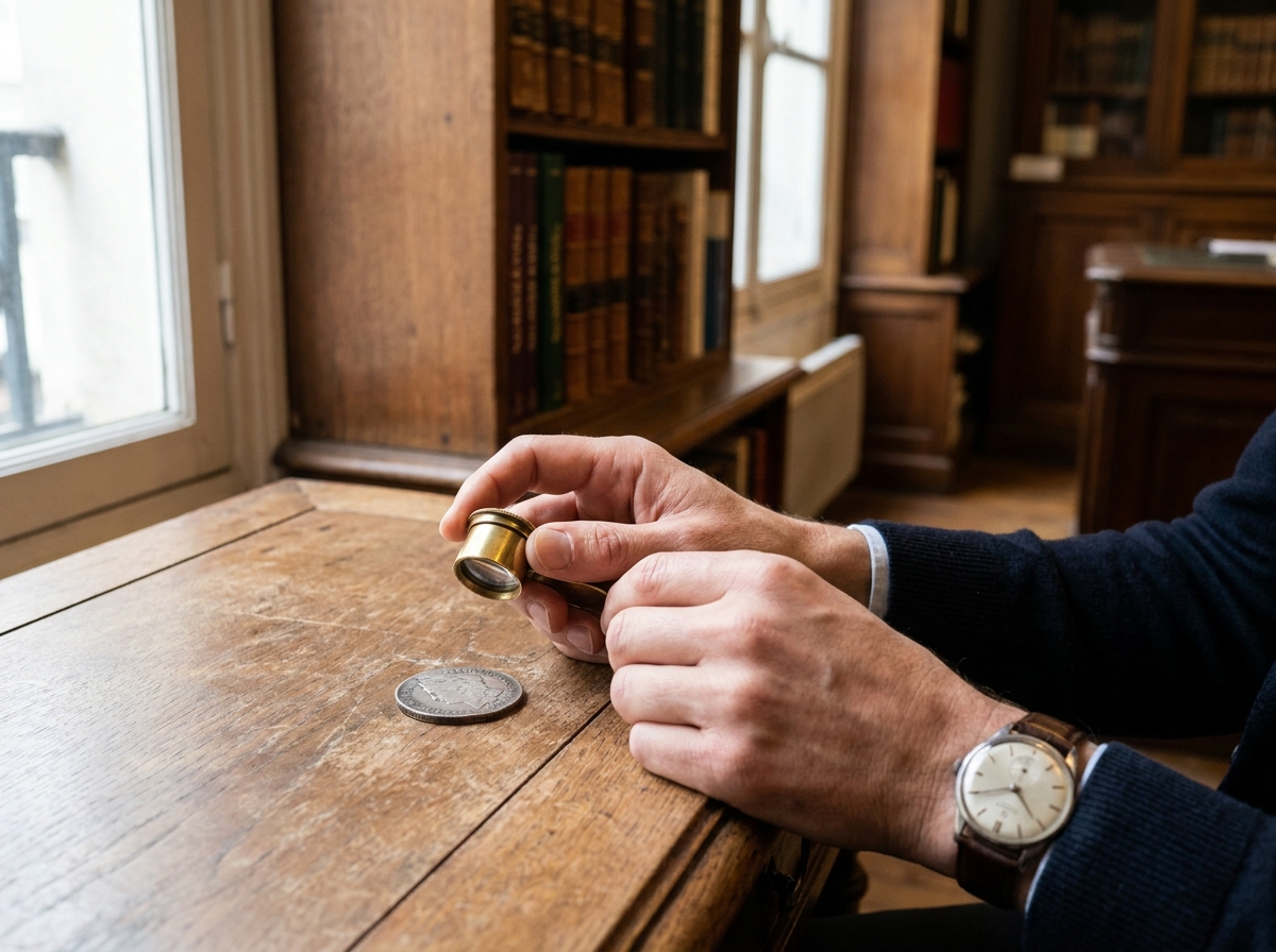 Numismate examinant une pièce de monnaie ancienne avec une loupe de jeweler